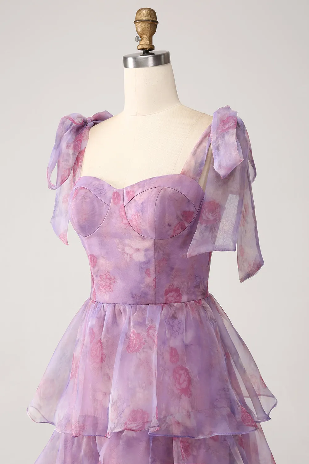 A Line Tiered Purple Printed Tea-Length Dress