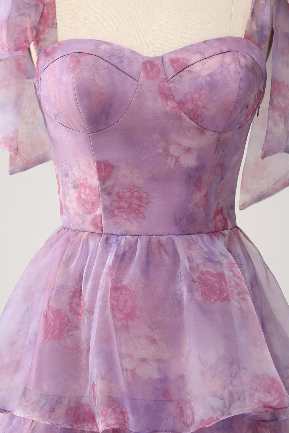 A Line Tiered Purple Printed Tea-Length Dress