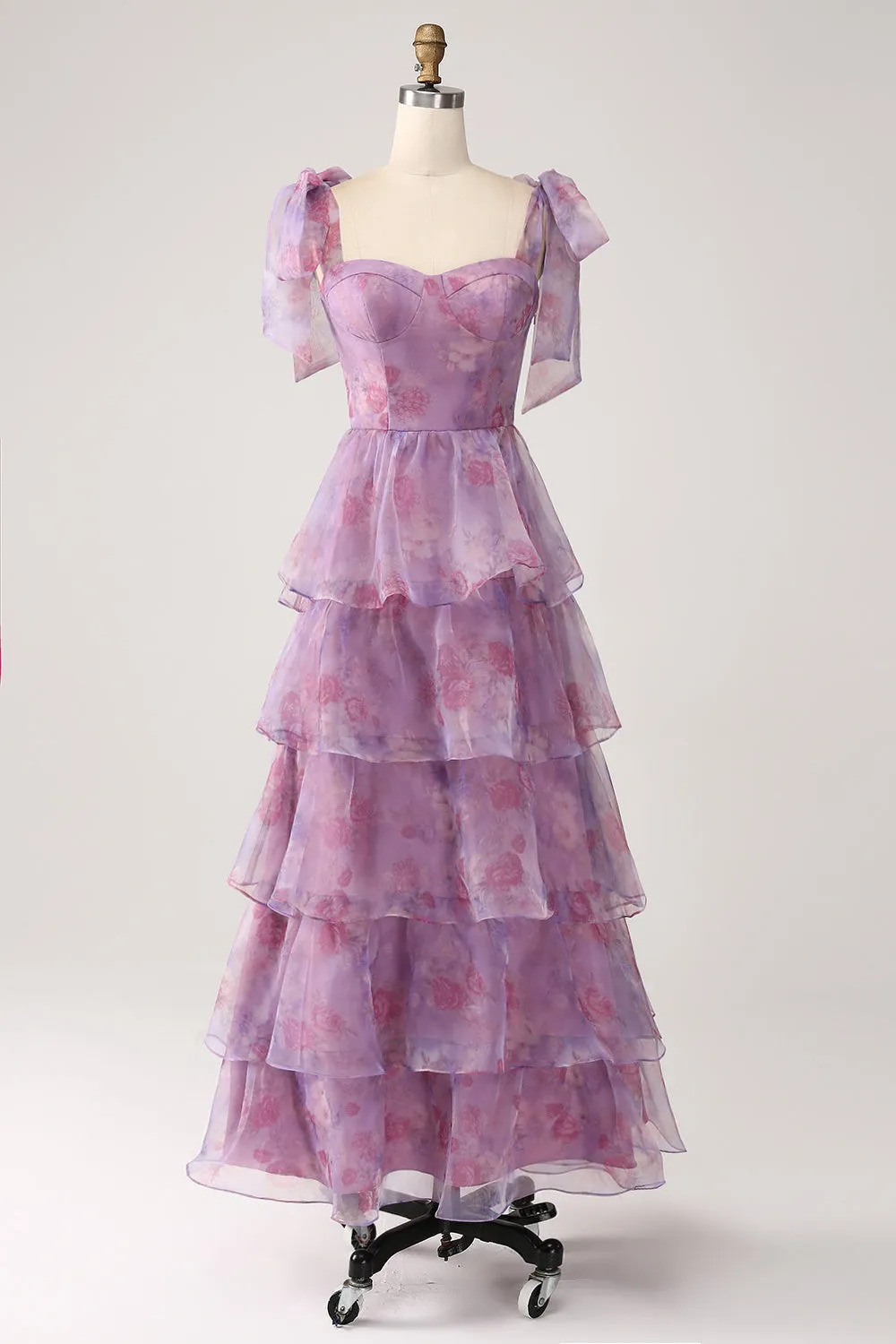 A Line Tiered Purple Printed Tea-Length Dress