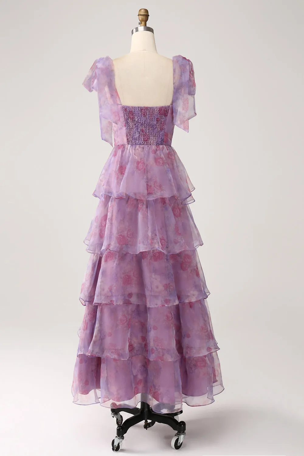 A Line Tiered Purple Printed Tea-Length Dress