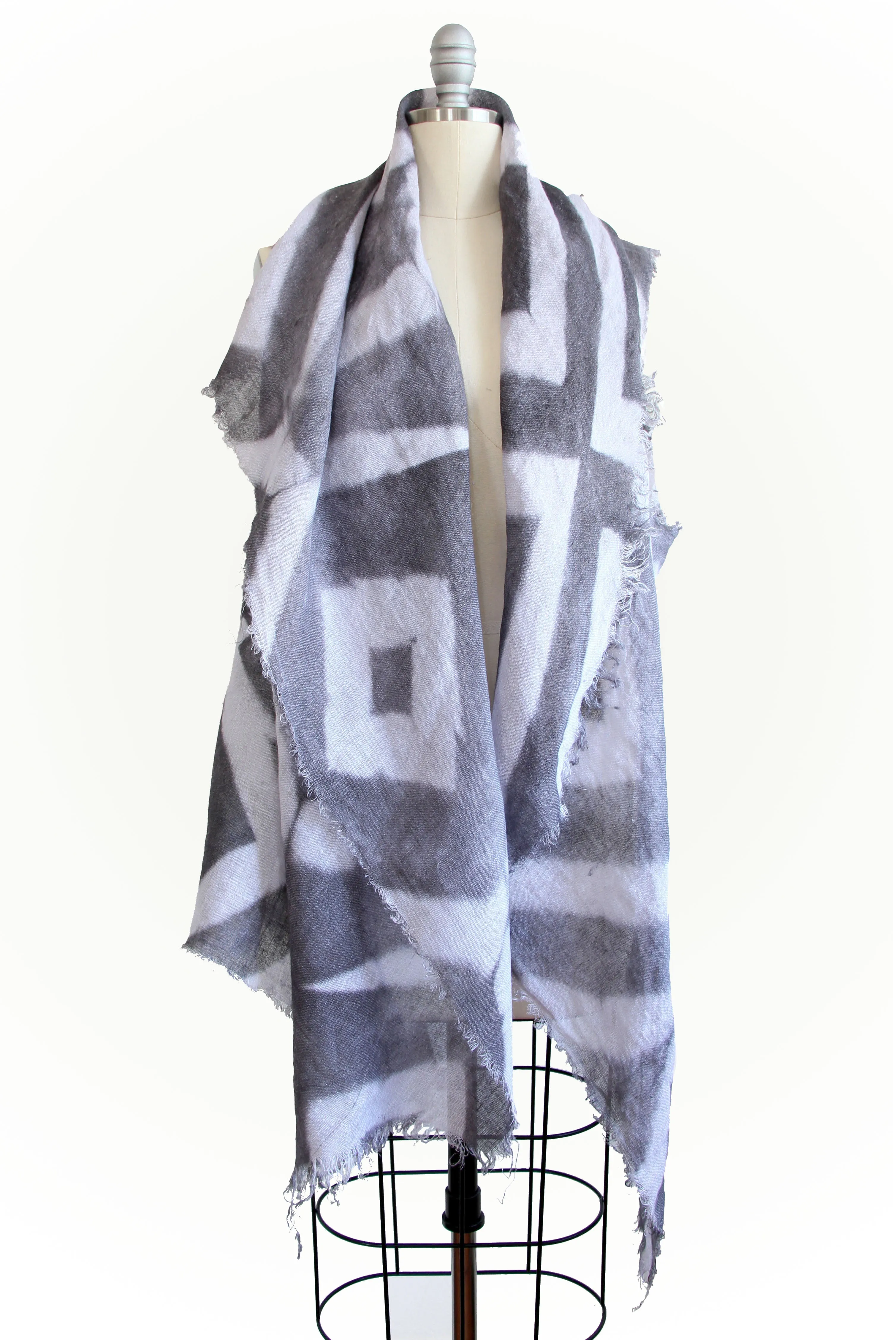 Asymmetrical Wrap Vest - Open Weave Linen w/ Itajime Dye - Grey & White