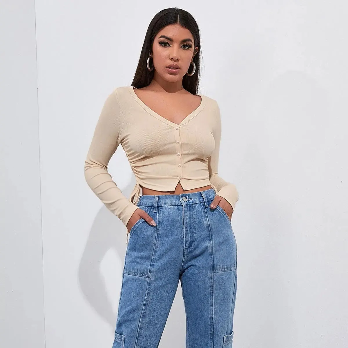 Beige Ruched Button-Down Crop Top