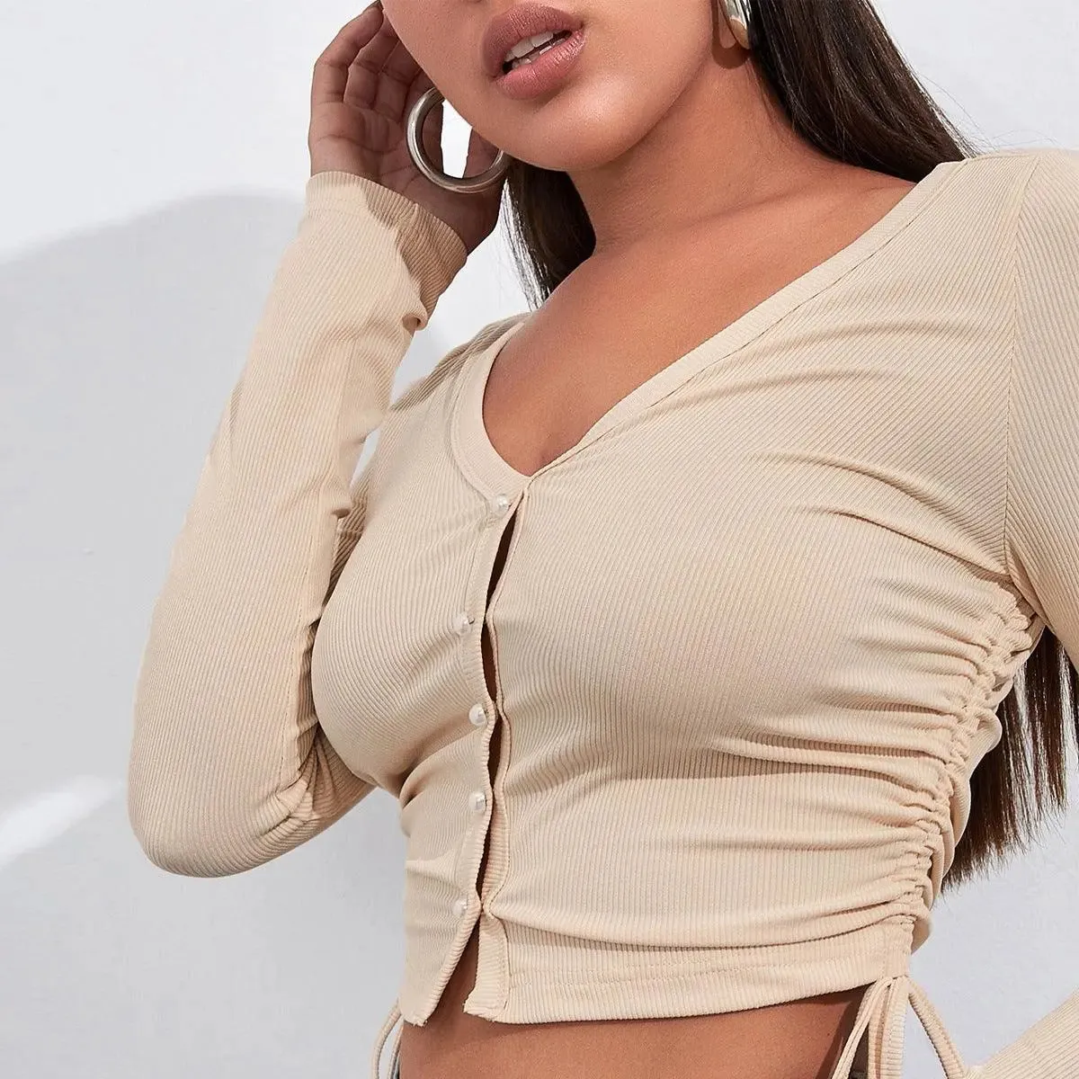 Beige Ruched Button-Down Crop Top