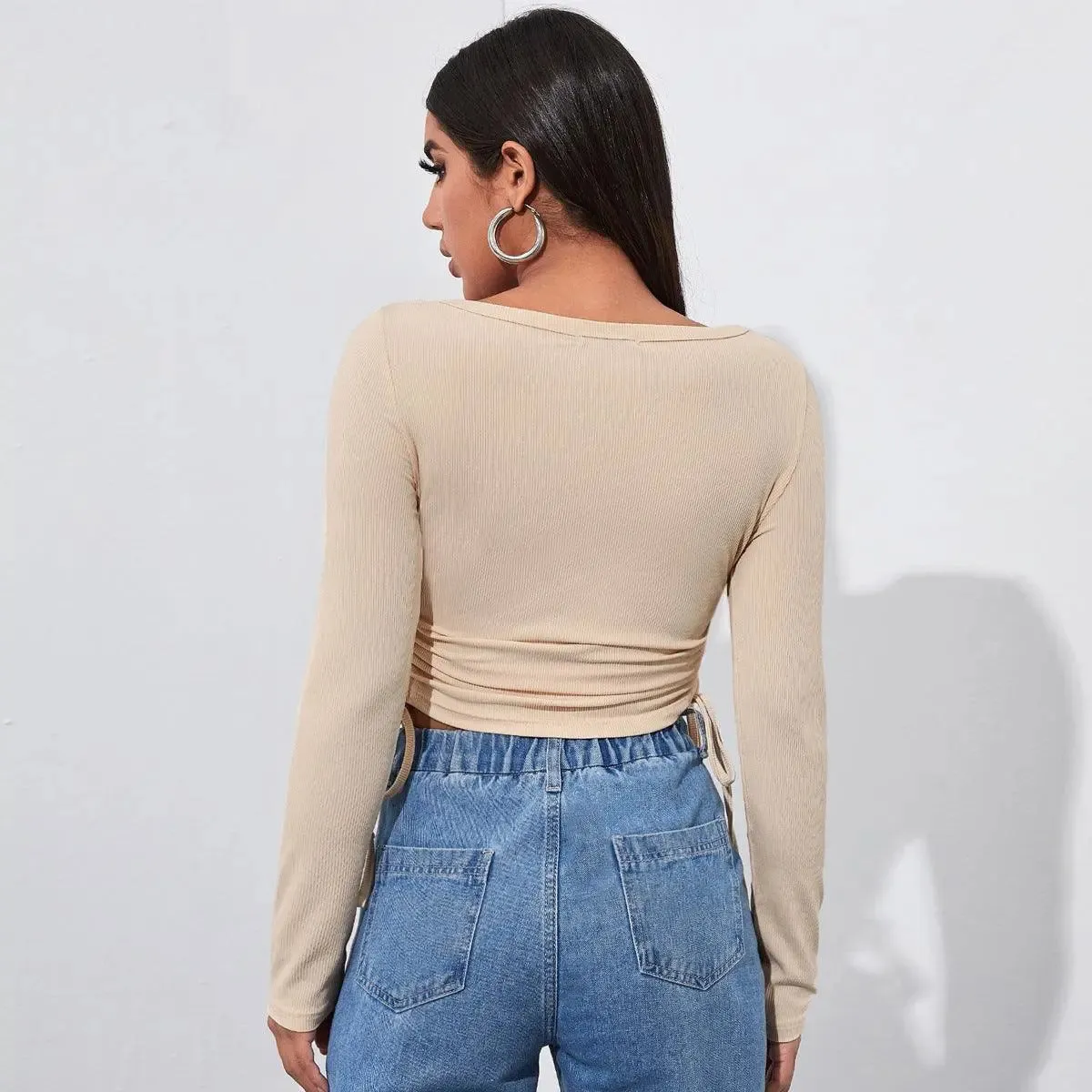 Beige Ruched Button-Down Crop Top