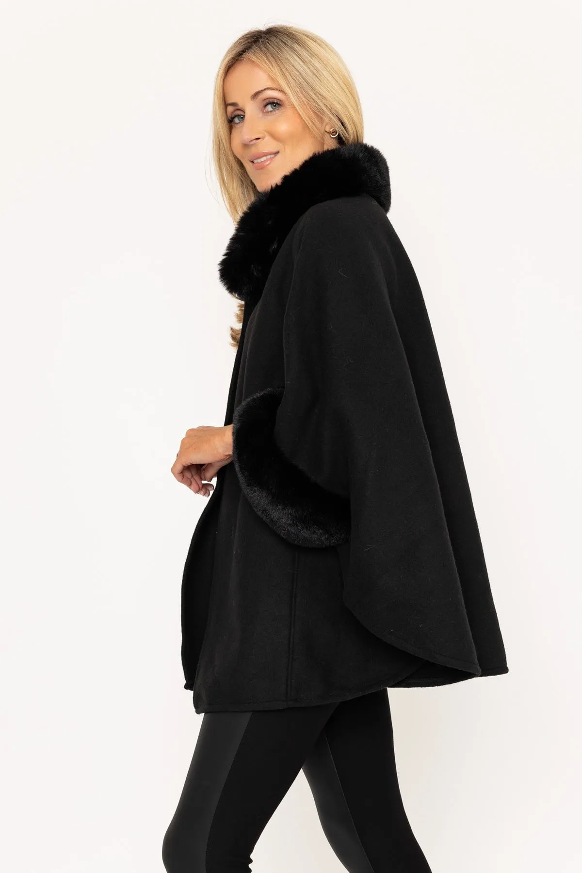 Black Fur Trim Cape Jacket