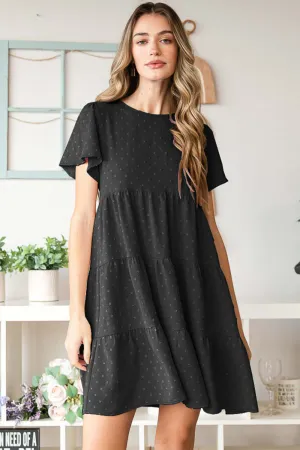 Black Swiss Dot Short Sleeve Tiered Mini Dress