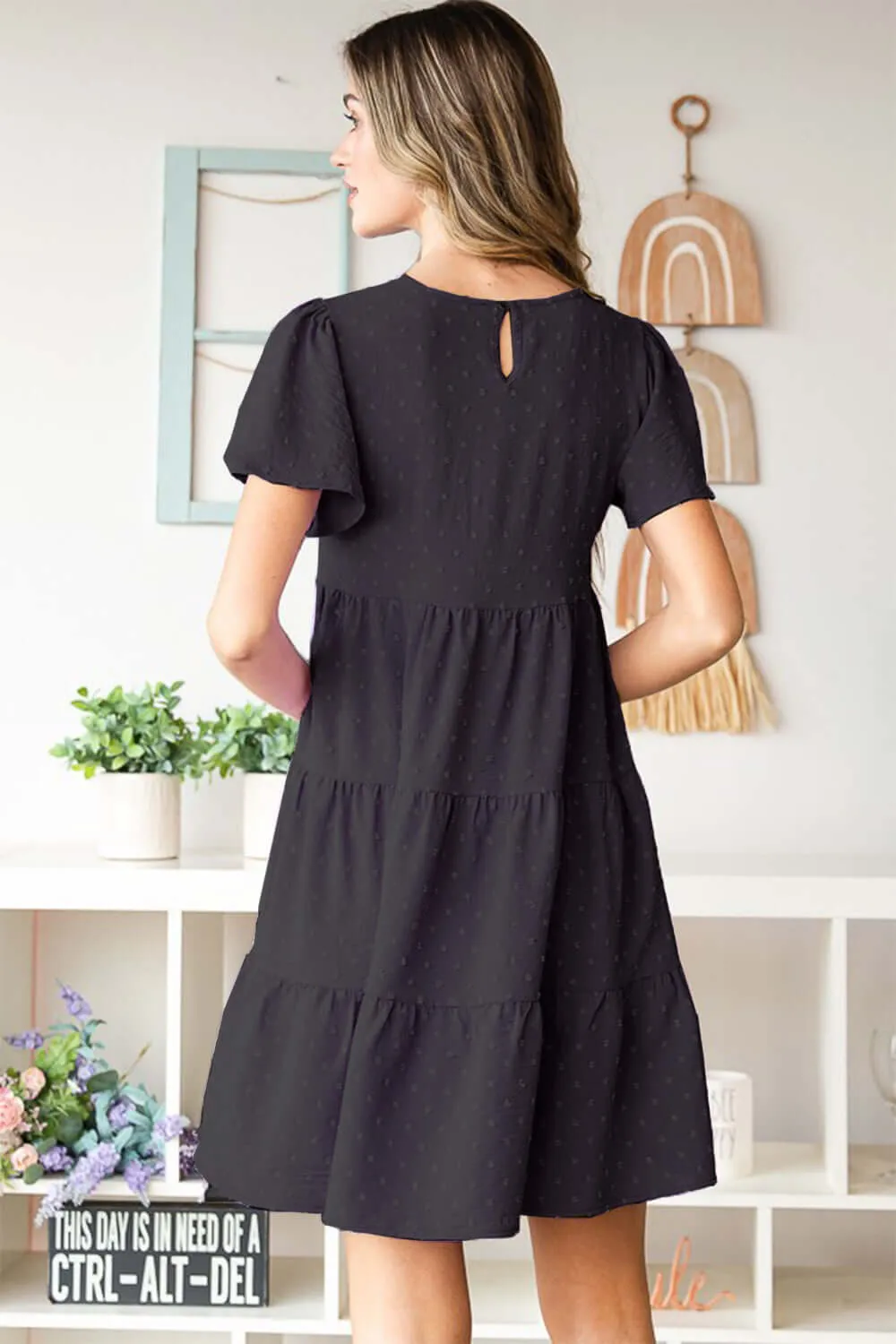 Black Swiss Dot Short Sleeve Tiered Mini Dress