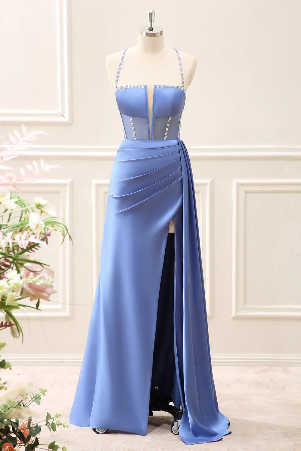 Blue Corset Ruched A Line Maxi Dress with Slit