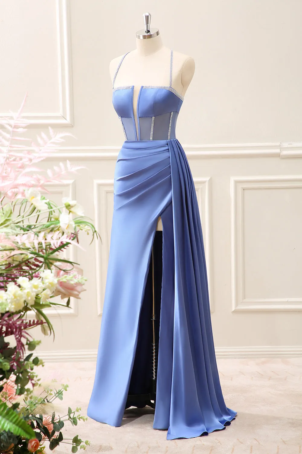 Blue Corset Ruched A Line Maxi Dress with Slit