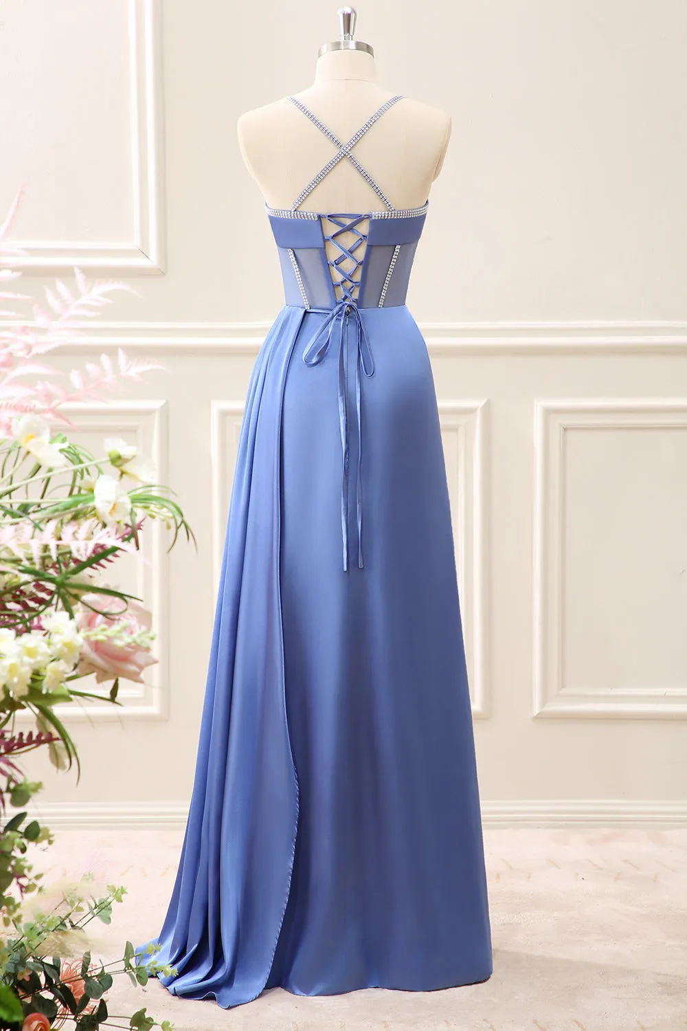 Blue Corset Ruched A Line Maxi Dress with Slit