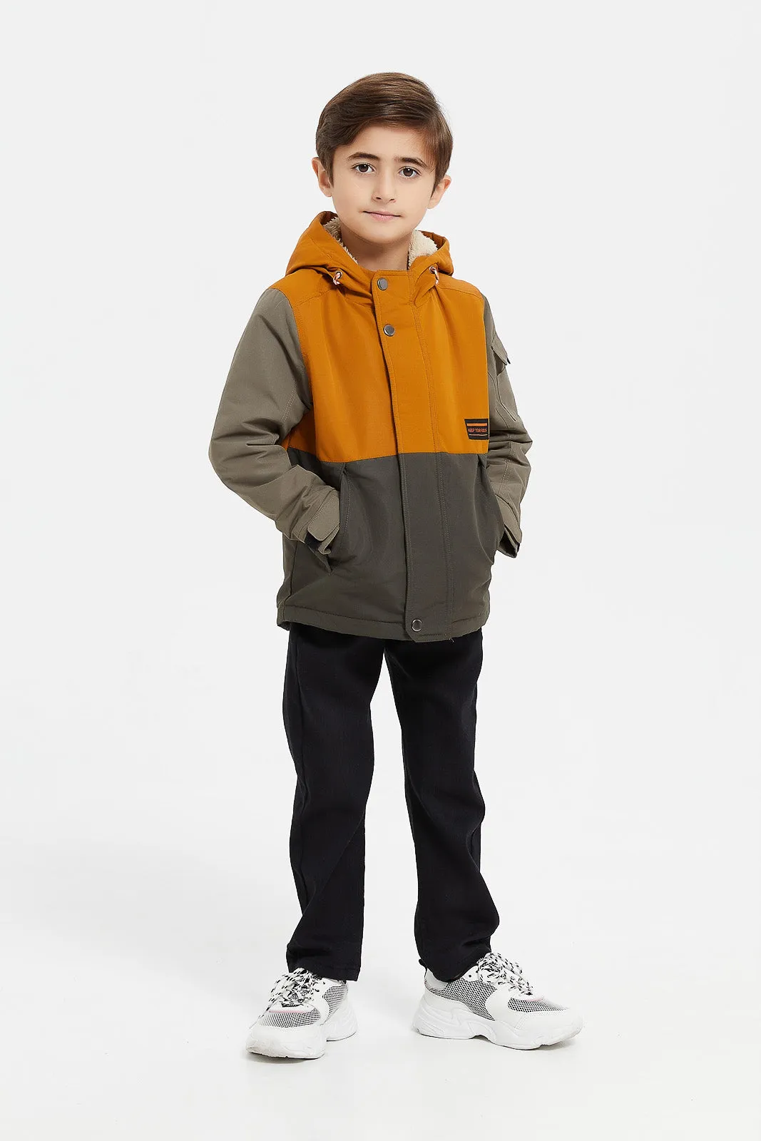 Boys Mustard And Grey Fur Lining Hooded Jacket