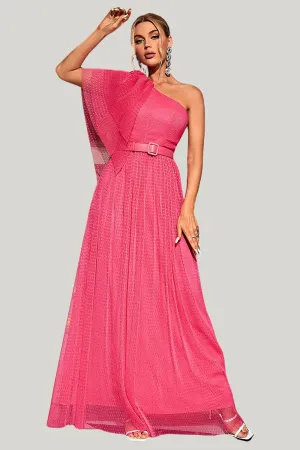 Coral A Line One Shoulder Tulle Maxi Dress with Belt