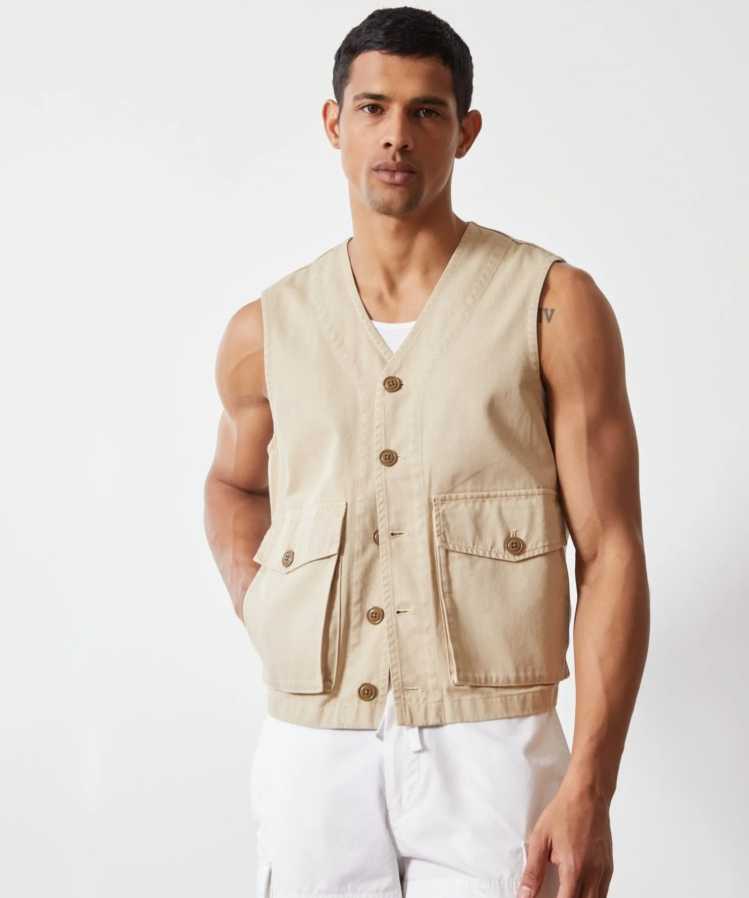 Cotton Utility Vest in Desert Beige