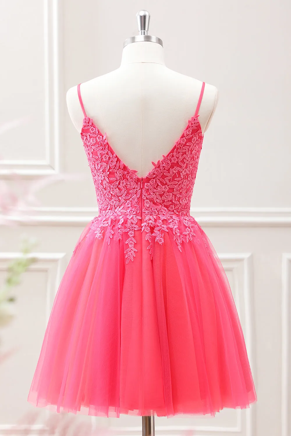 Cute Hot Pink A Line Tulle Mini Dress with Floral Appliques