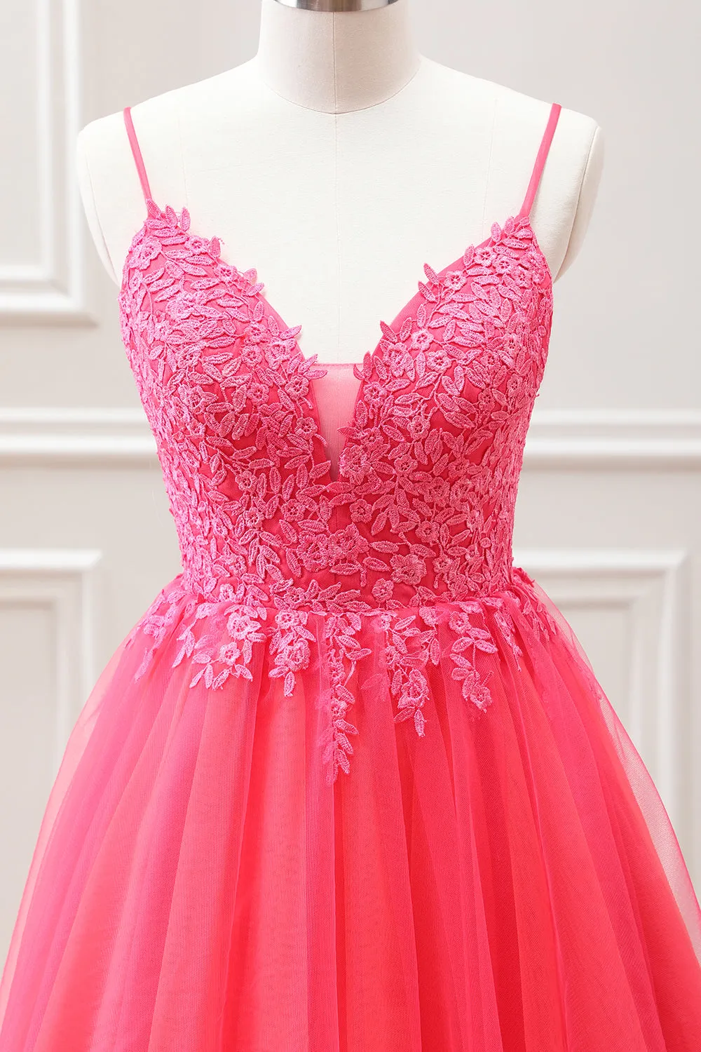 Cute Hot Pink A Line Tulle Mini Dress with Floral Appliques