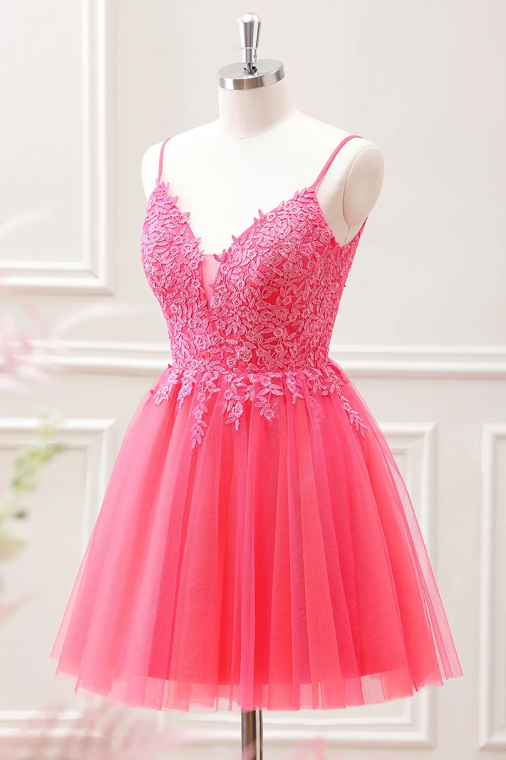 Cute Hot Pink A Line Tulle Mini Dress with Floral Appliques