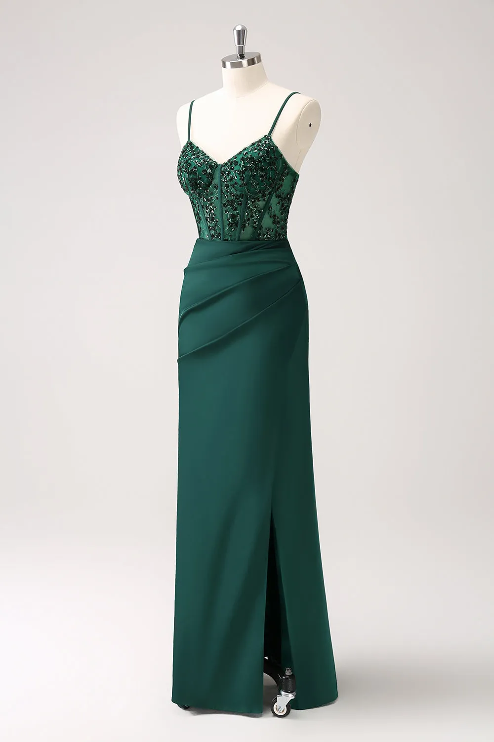 Dark Green Mermaid Spaghetti Straps Satin Maxi Dress with Slit