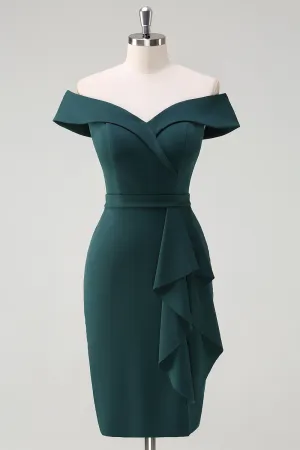 Dark Green Ruffled Off the Shoulder Cocktail Dress