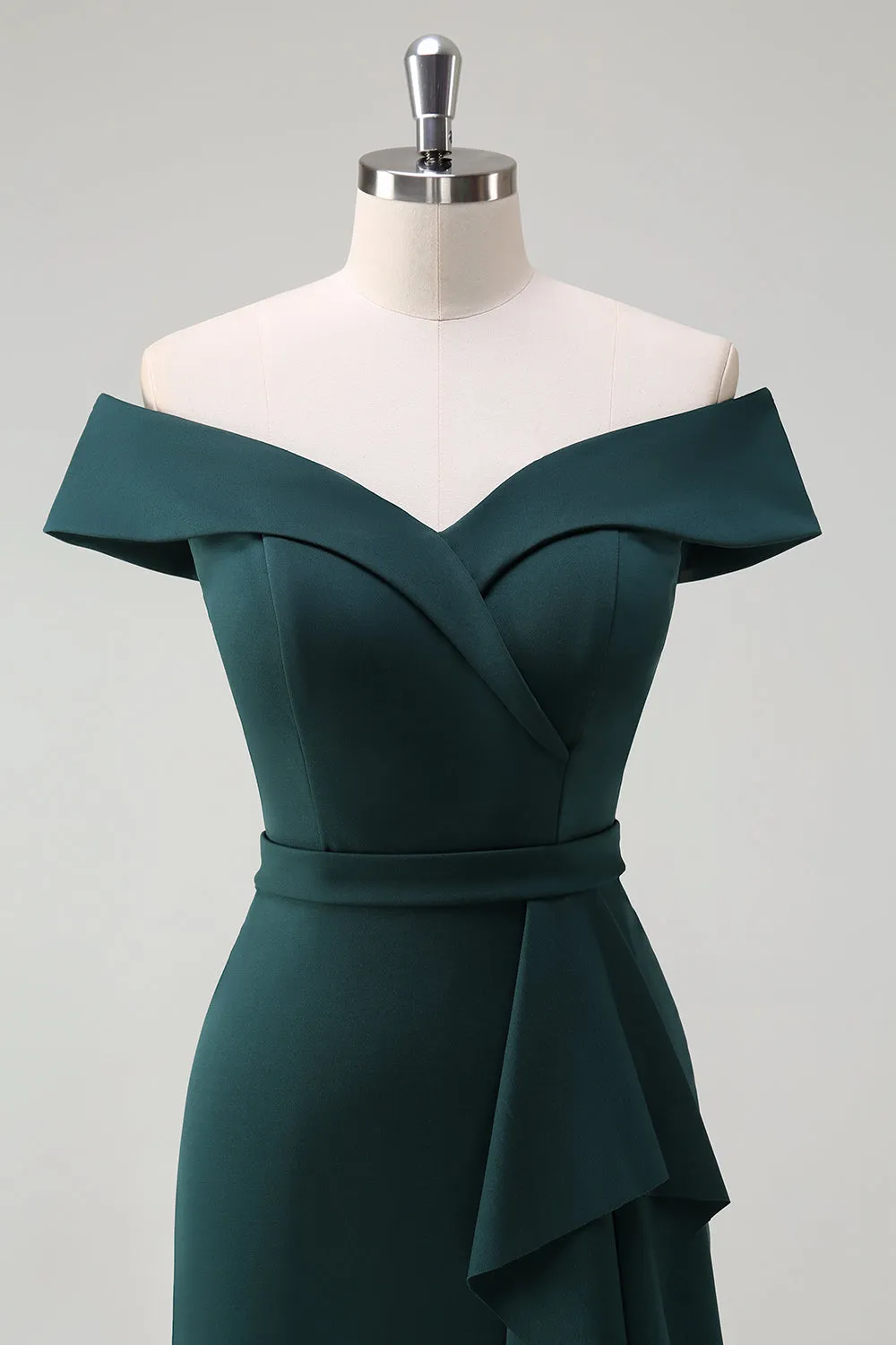 Dark Green Ruffled Off the Shoulder Cocktail Dress