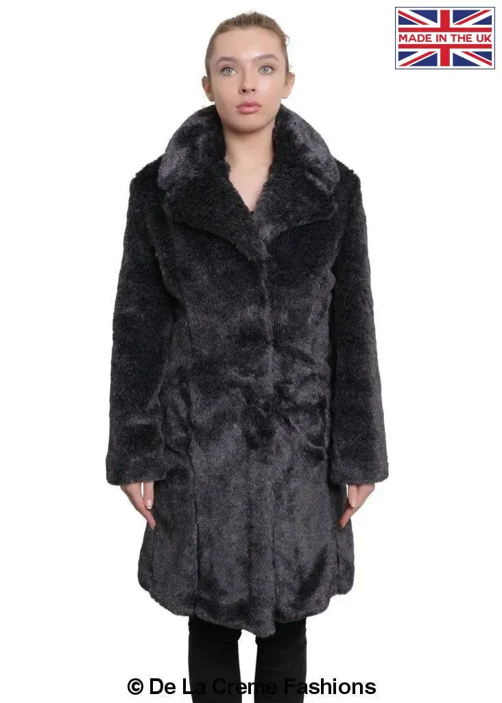 De La Creme - Womens Faux Fur Large Lapel Mid Length Coat