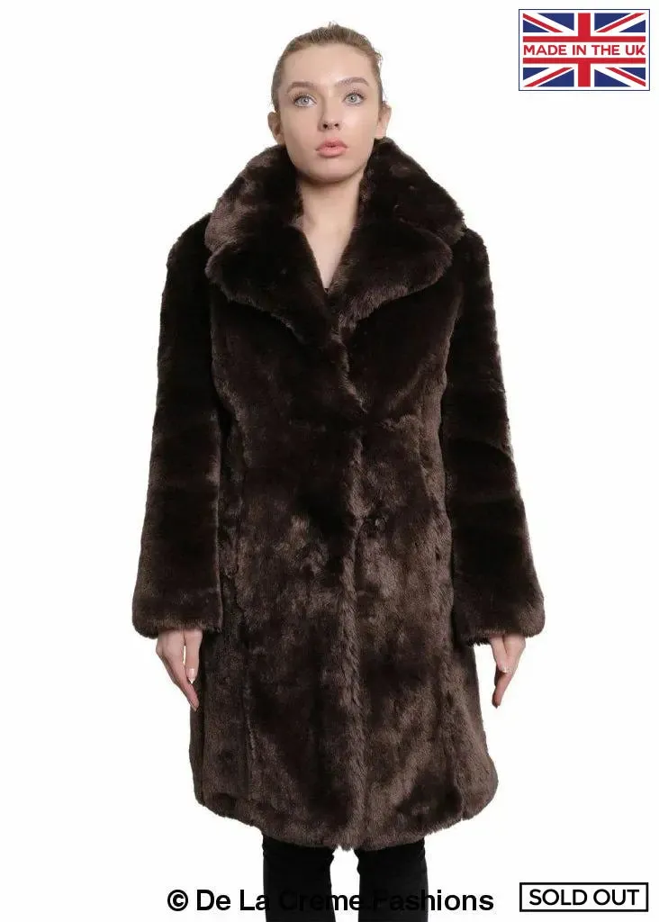 De La Creme - Womens Faux Fur Large Lapel Mid Length Coat