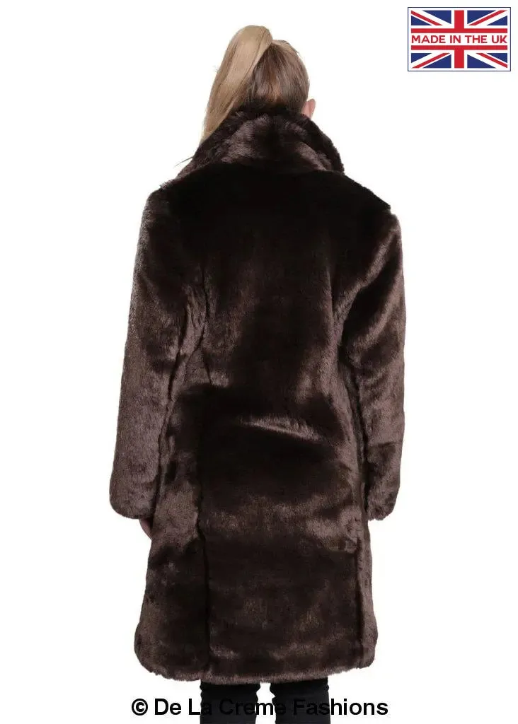 De La Creme - Womens Faux Fur Large Lapel Mid Length Coat