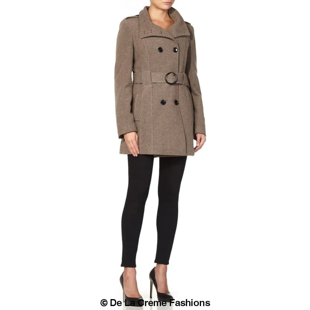 De La Creme - Womens Military Style Wool Belted Coat