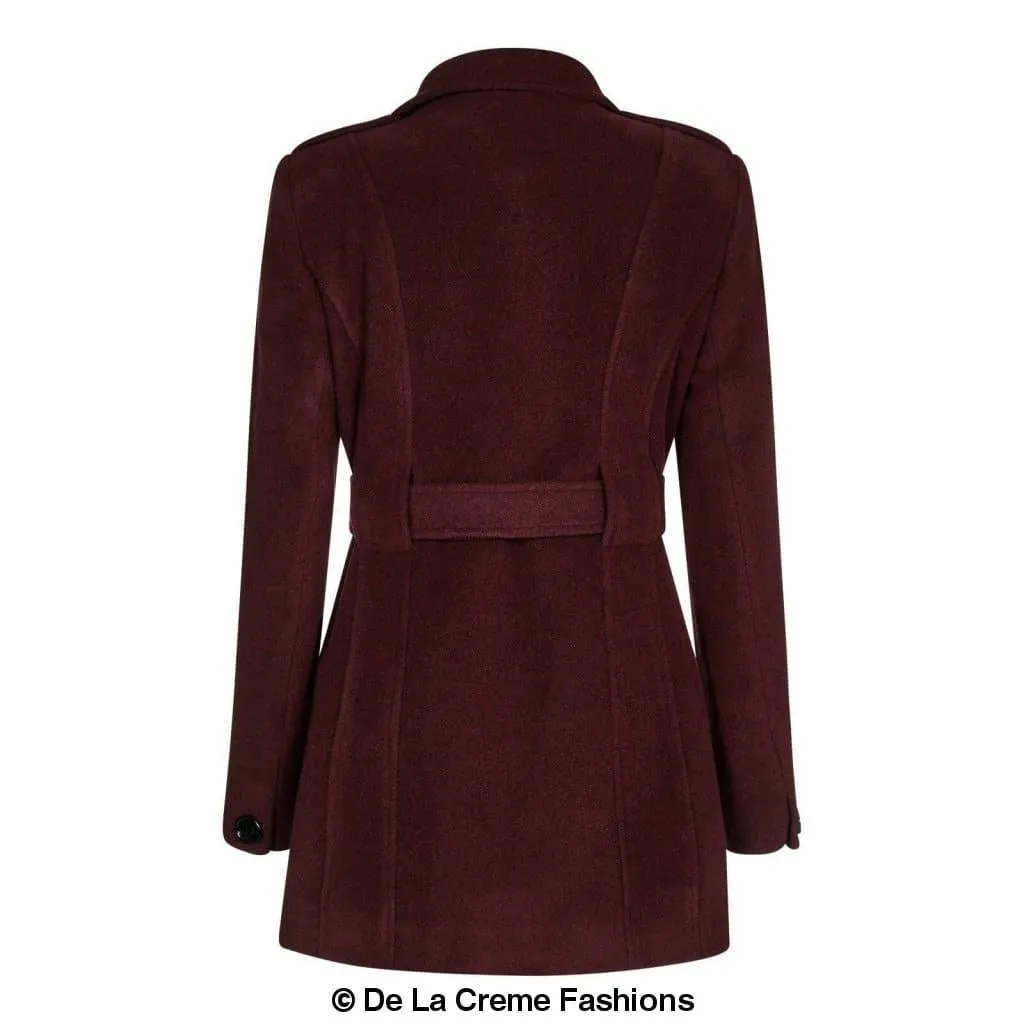 De La Creme - Womens Military Style Wool Belted Coat