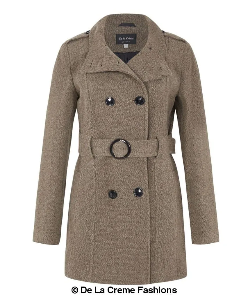 De La Creme - Womens Military Style Wool Belted Coat