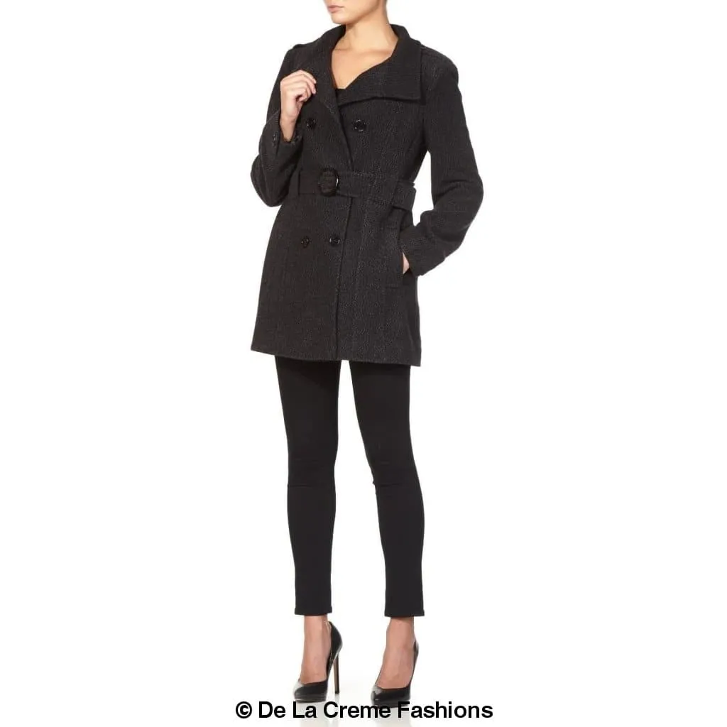 De La Creme - Womens Military Style Wool Belted Coat