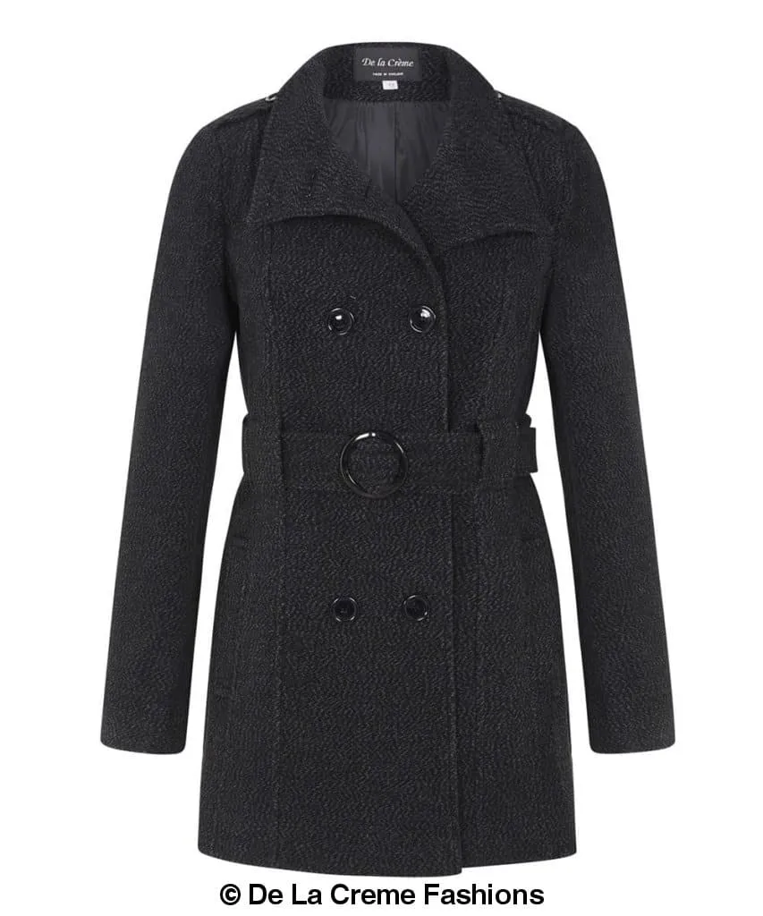 De La Creme - Womens Military Style Wool Belted Coat