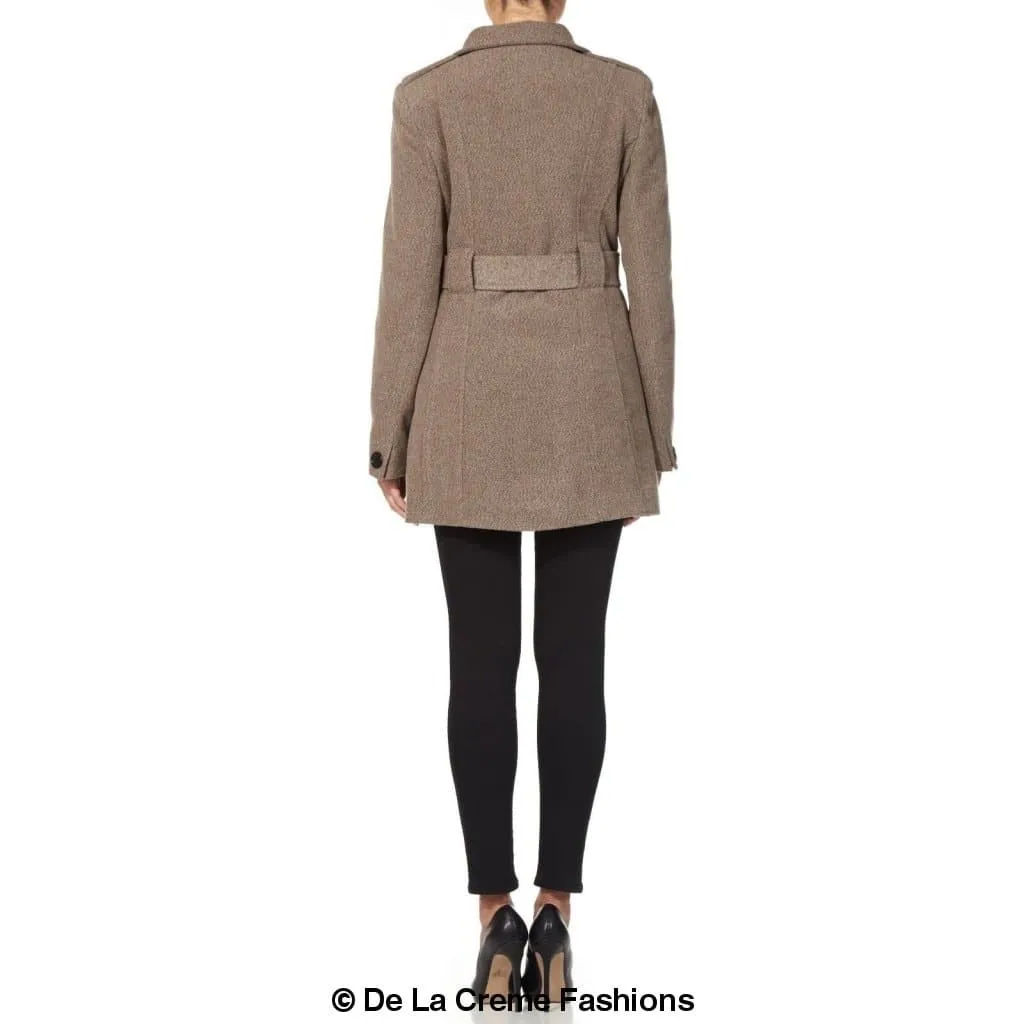 De La Creme - Womens Military Style Wool Belted Coat