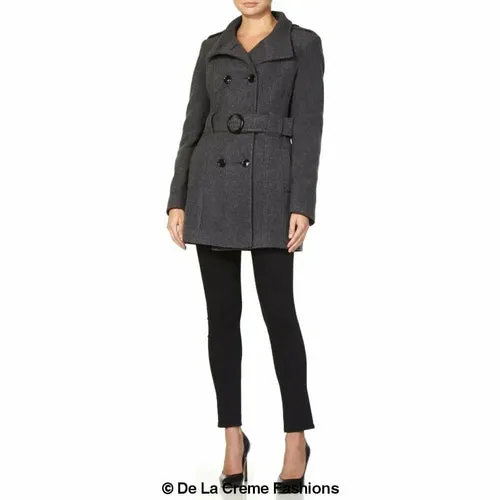 De La Creme - Womens Military Style Wool Belted Coat