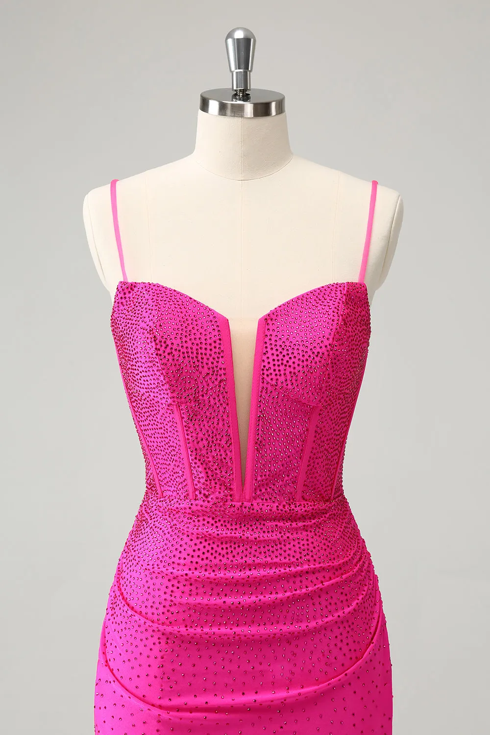 Fuchsia Bodycon Spaghetti Straps Ruched Mini Dress with Beading