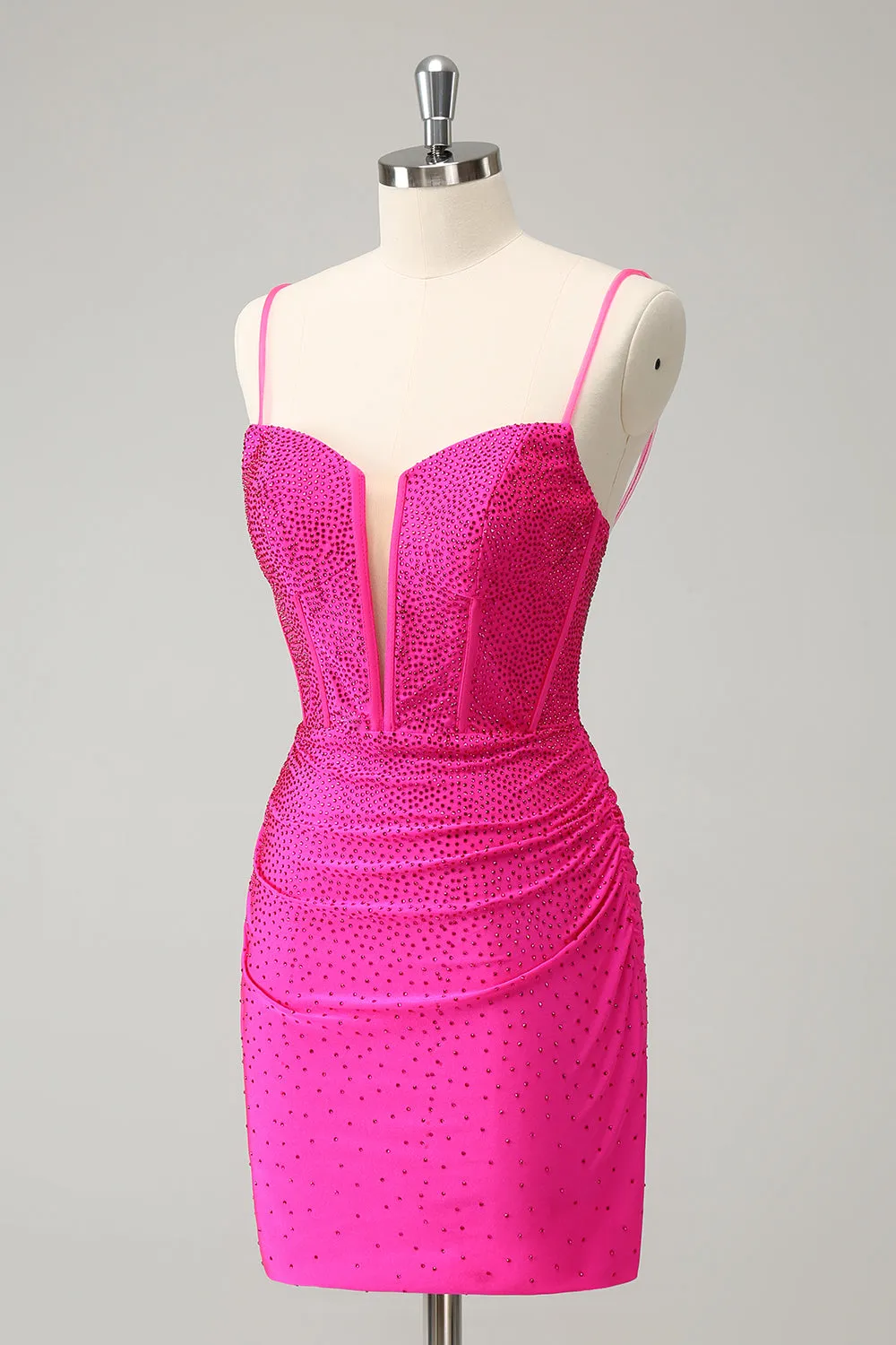 Fuchsia Bodycon Spaghetti Straps Ruched Mini Dress with Beading