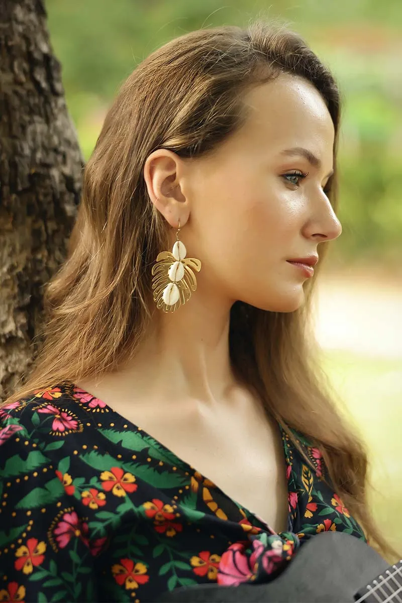 Gold Tropical Leaf Shell Earrings