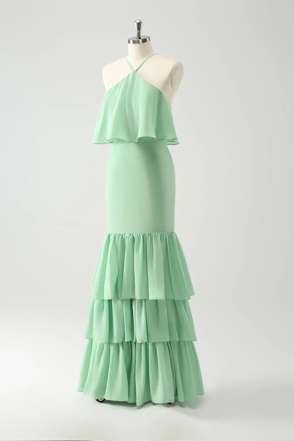 Green Tiered Chiffon Mermaid Halter Tiered Maxi Dress