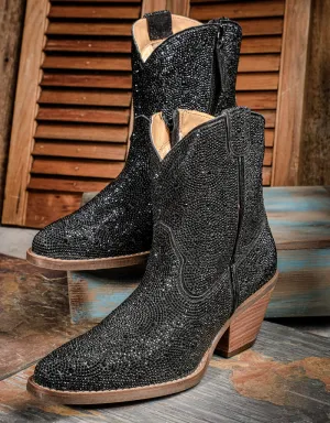 Ladies Black Rhinestone Cowgirl Leather Bootie DI577