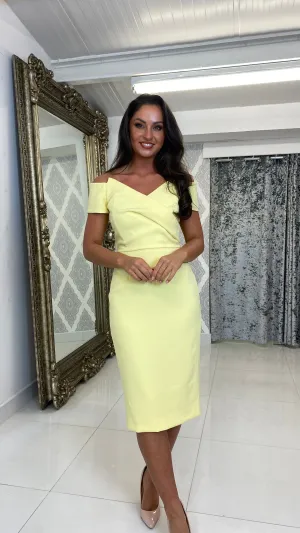 Lemon Pointed Bardot Midi Wedding Guest Dress