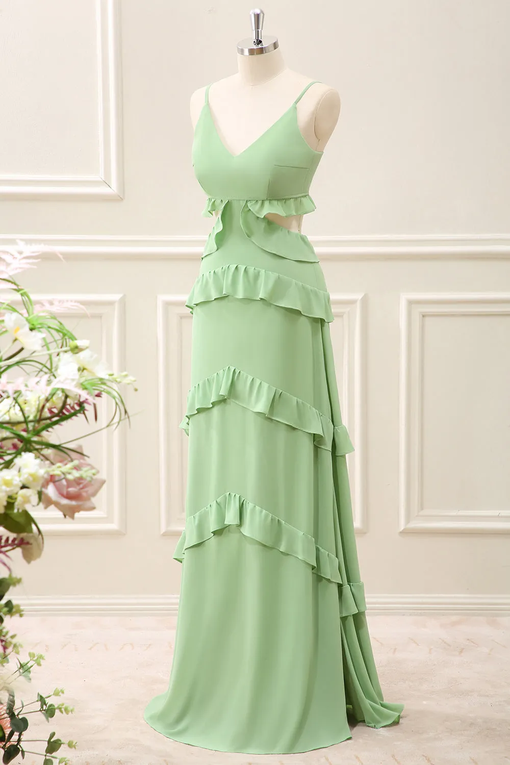 Light Green Chiffon Cut Out Maxi Dress with Ruffles