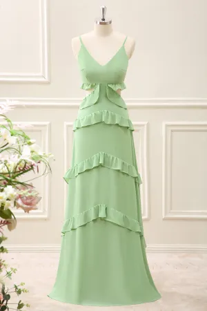 Light Green Chiffon Cut Out Maxi Dress with Ruffles