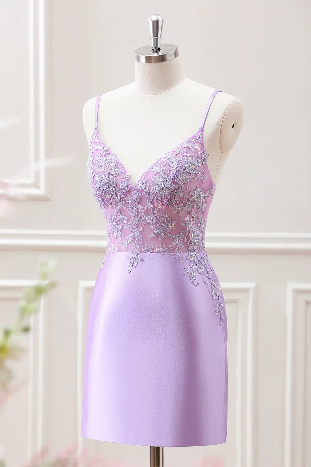 Lilac Spaghetti Straps Beaded Appliques Satin Bodycon Mini Dress