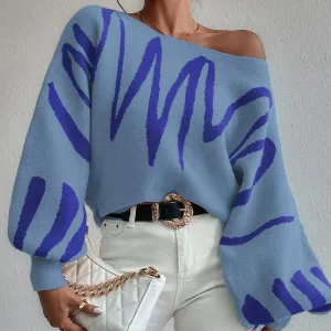 Loose Knit Geometric Pattern Sweater - Blue