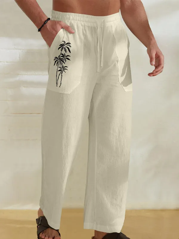 Men's Coconut Tree Print Multi-Pocket Drawstring Solid Color Straight Pants