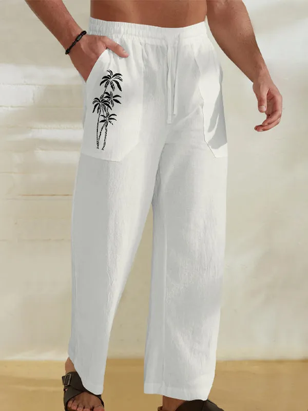 Men's Coconut Tree Print Multi-Pocket Drawstring Solid Color Straight Pants