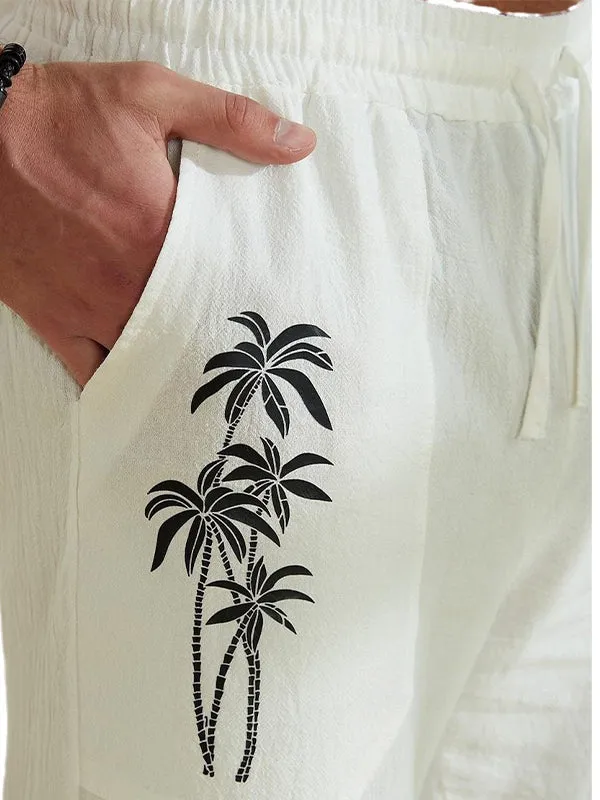 Men's Coconut Tree Print Multi-Pocket Drawstring Solid Color Straight Pants