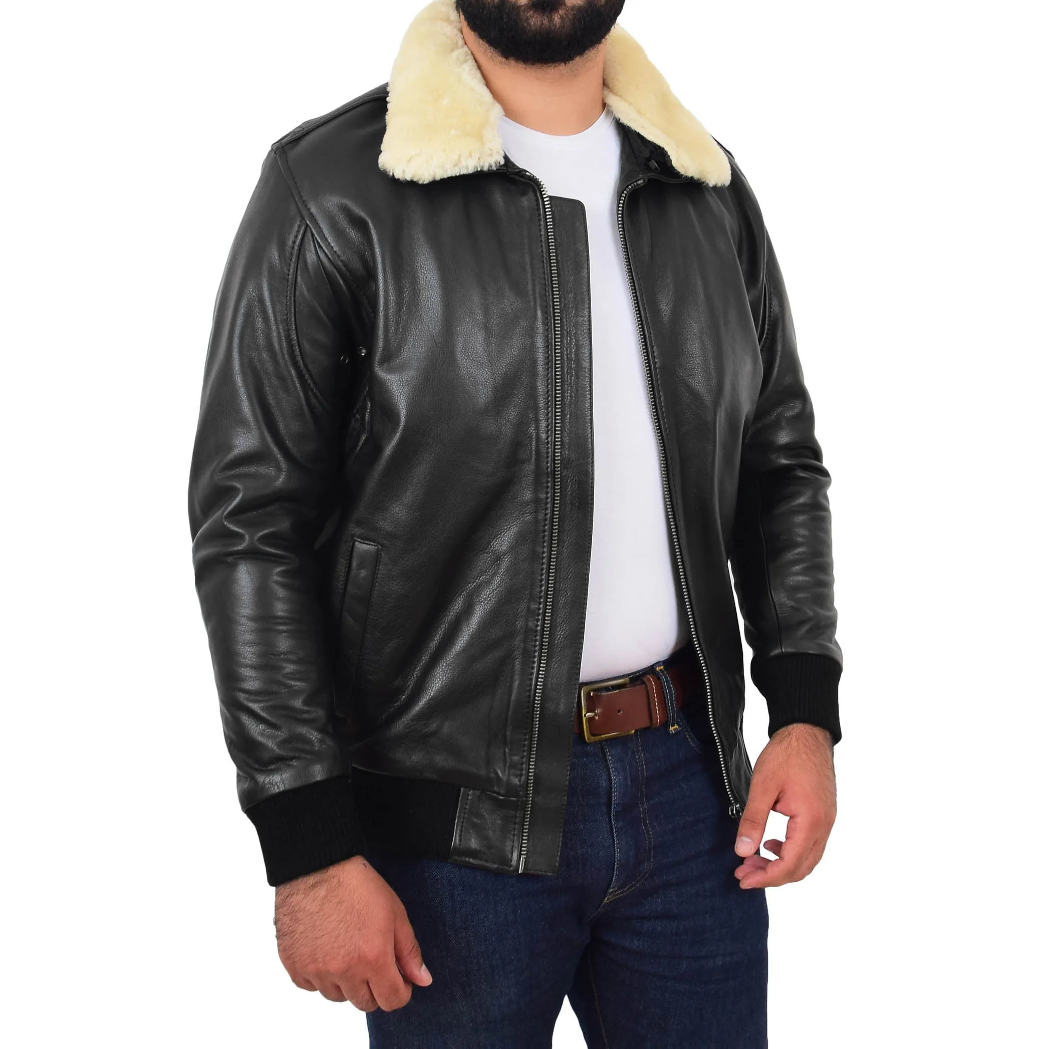 Mens Genuine Cowhide Pilot Leather Jacket Sheepskin Collar Bomber Dylan Black