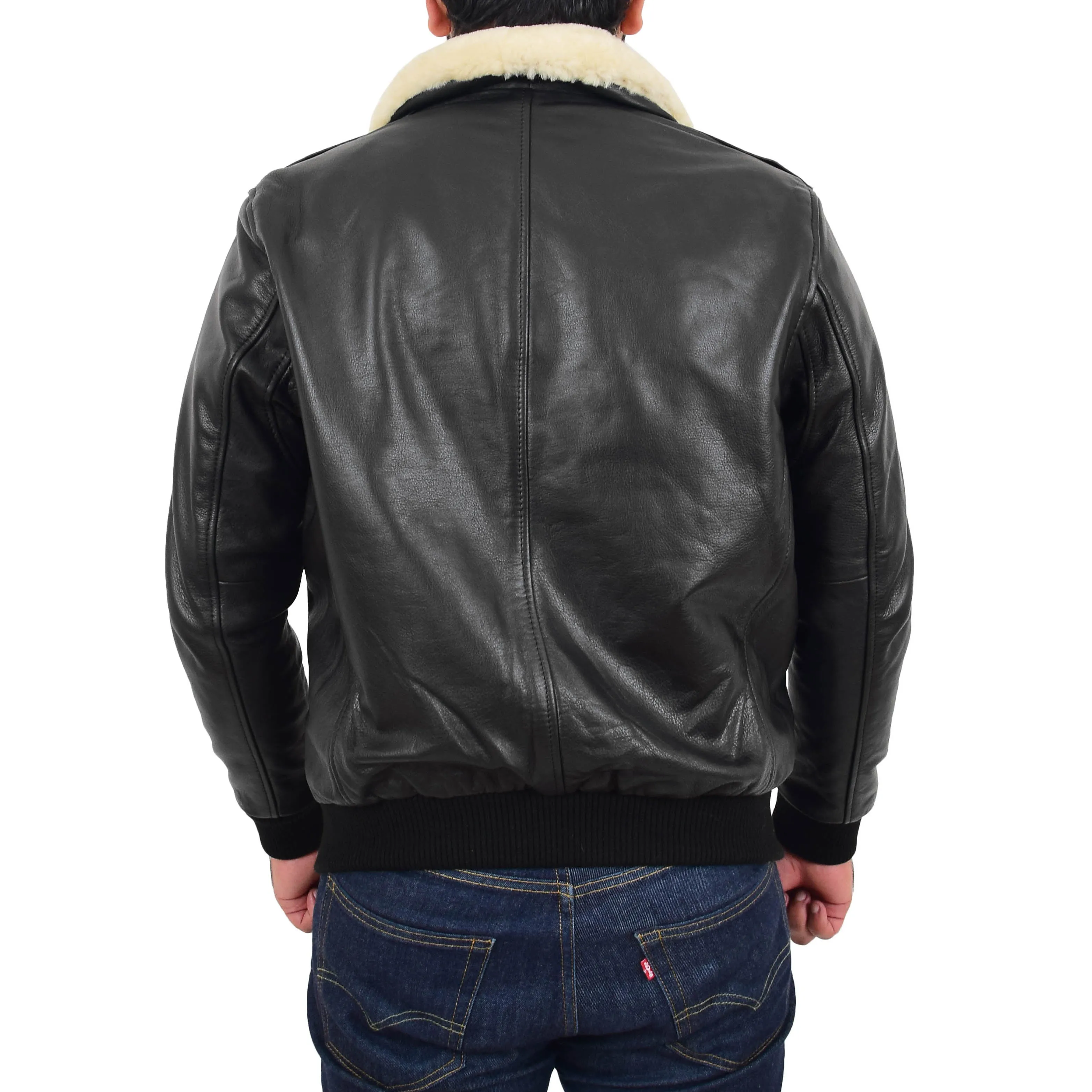 Mens Genuine Cowhide Pilot Leather Jacket Sheepskin Collar Bomber Dylan Black