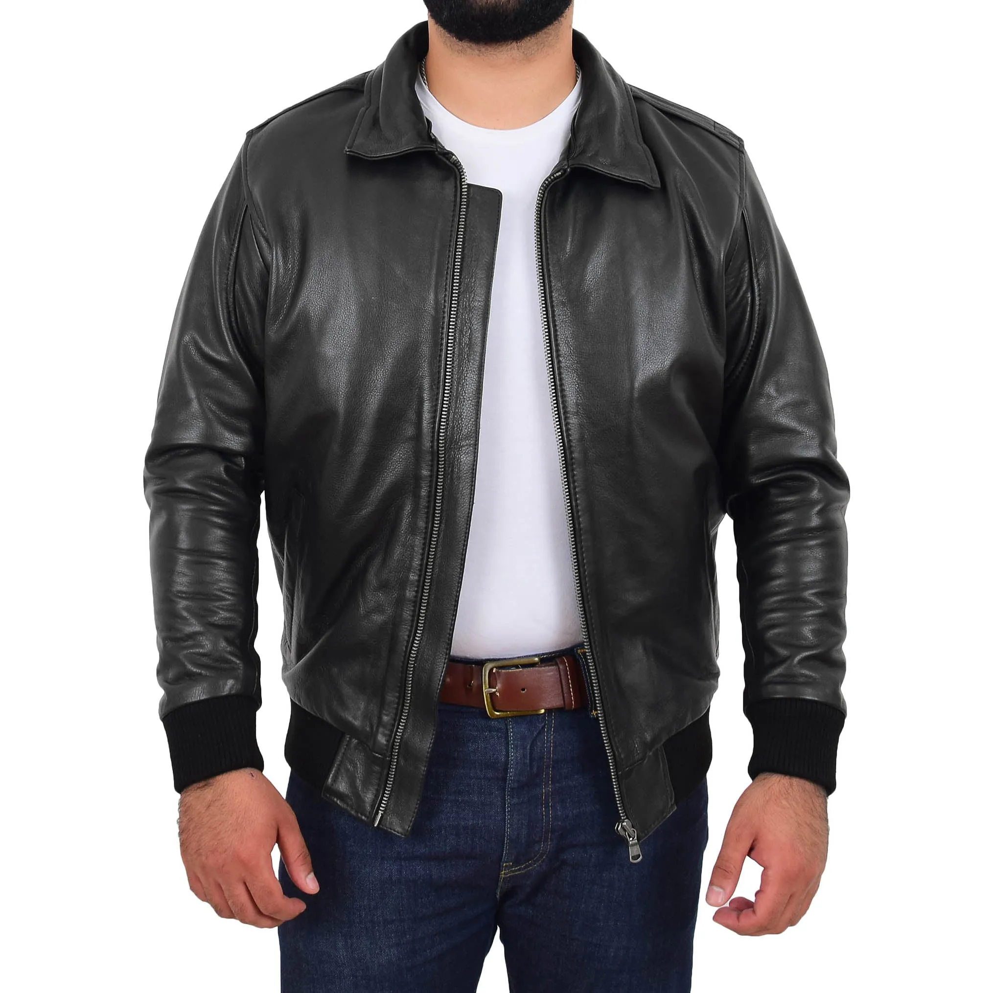 Mens Genuine Cowhide Pilot Leather Jacket Sheepskin Collar Bomber Dylan Black