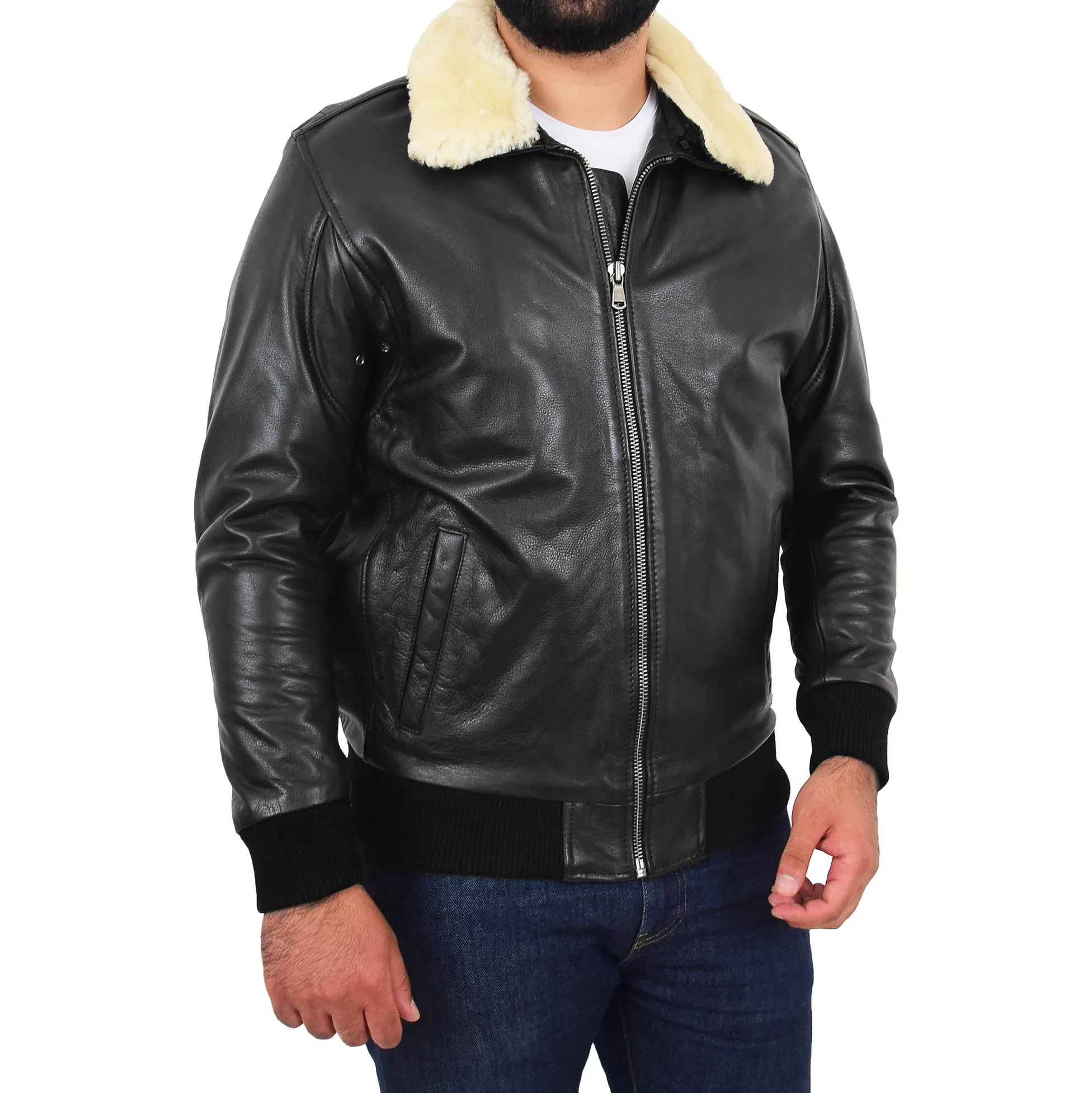 Mens Genuine Cowhide Pilot Leather Jacket Sheepskin Collar Bomber Dylan Black